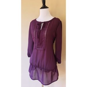Plum Chiffon Smocked Boho Sheer Peasant Peplum Top
